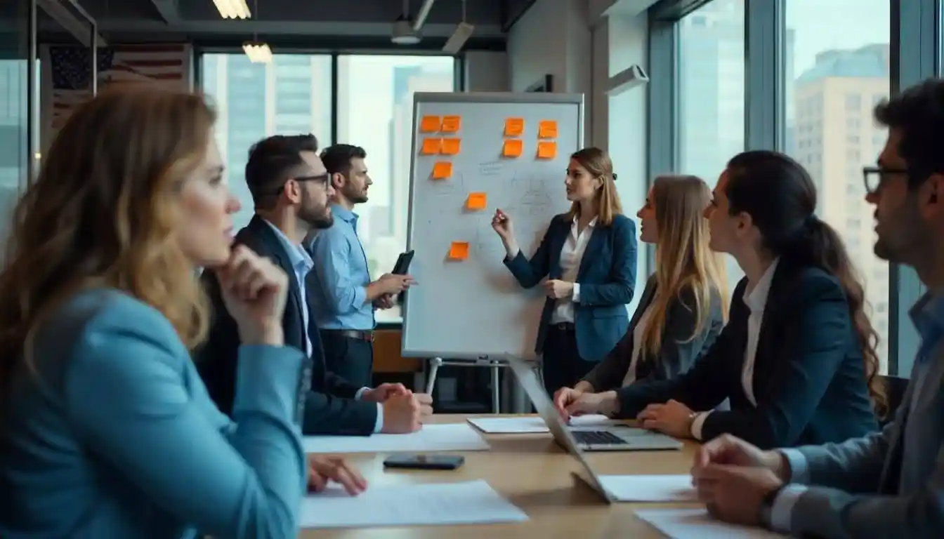 Team meeting around whiteboard in office conference room Beyond Border