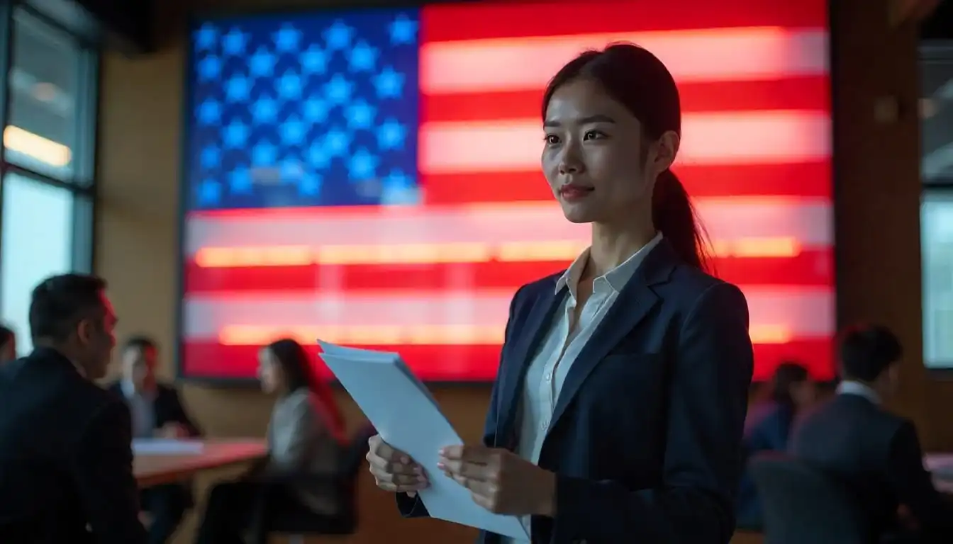 Professional woman holding documents before U.S. flag Beyond Border