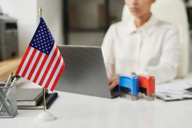U.S. flag on desk with professional working on laptop Beyond Border