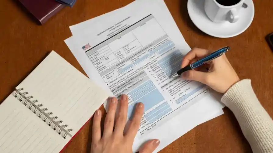 A person filling out a U.S. immigration form with a cup of coffee nearby. Beyond Border.