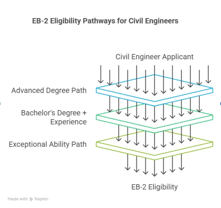 Infographic showing EB-2 eligibility paths for civil engineers. Beyond Border.