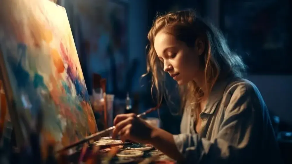 Artist painting on canvas with brushes and colors in a studio. Beyond Border.