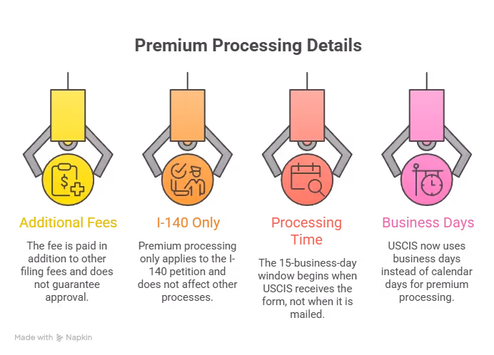 EB-1A green card visual highlighting key considerations including additional fees, I-140 only filing option, processing time expectations, and importance of business or case strategy planning Beyond Border