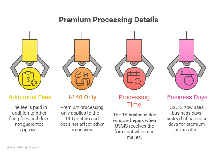 EB-1A green card visual highlighting key considerations including additional fees, I-140 only filing option, processing time expectations, and importance of business or case strategy planning Beyond Border