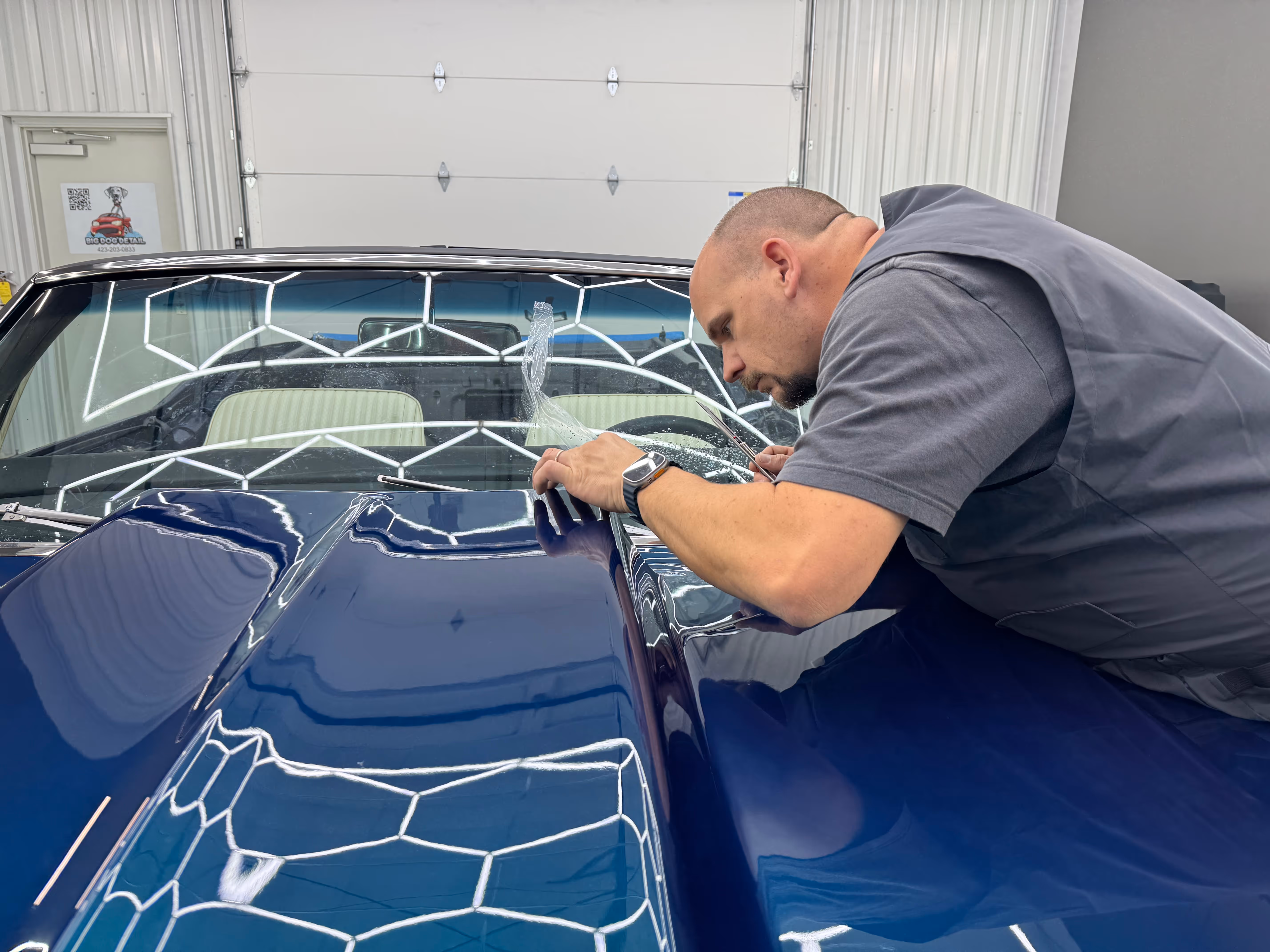 Chevrolet Corvette Stingray in the application process of Paint Protection Film (PPF) in Chattanooga