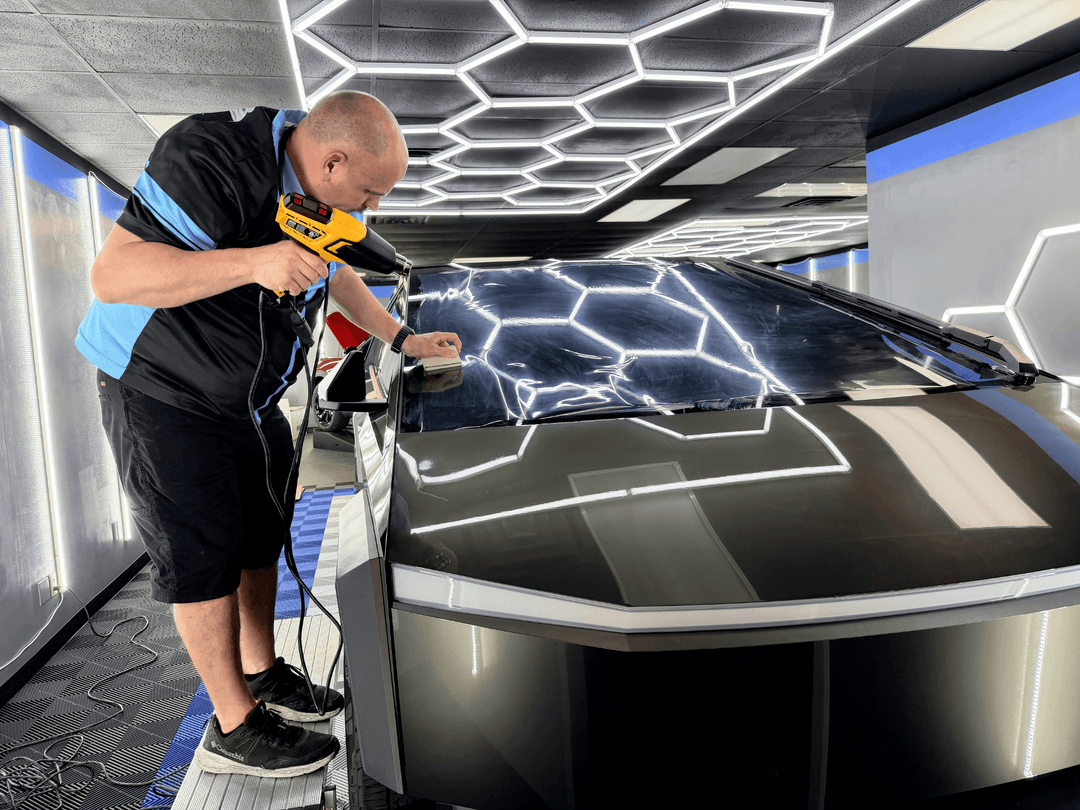 Wayne tinting a Cybertruck front windshield in Chattanooga TN