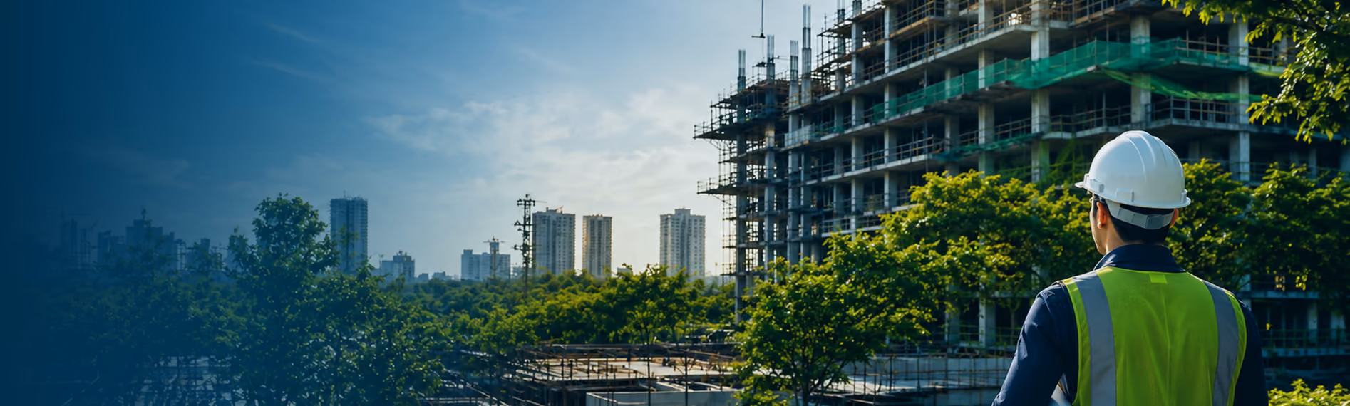 Operário da construção civil, de capacete e colete, observando um edifício em construção em meio a árvores e ao horizonte urbano.