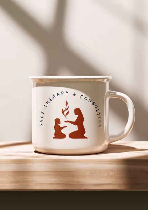 Sage Therapy Mug with Logo. Logo is of two people sitting across from each other sharing sage.