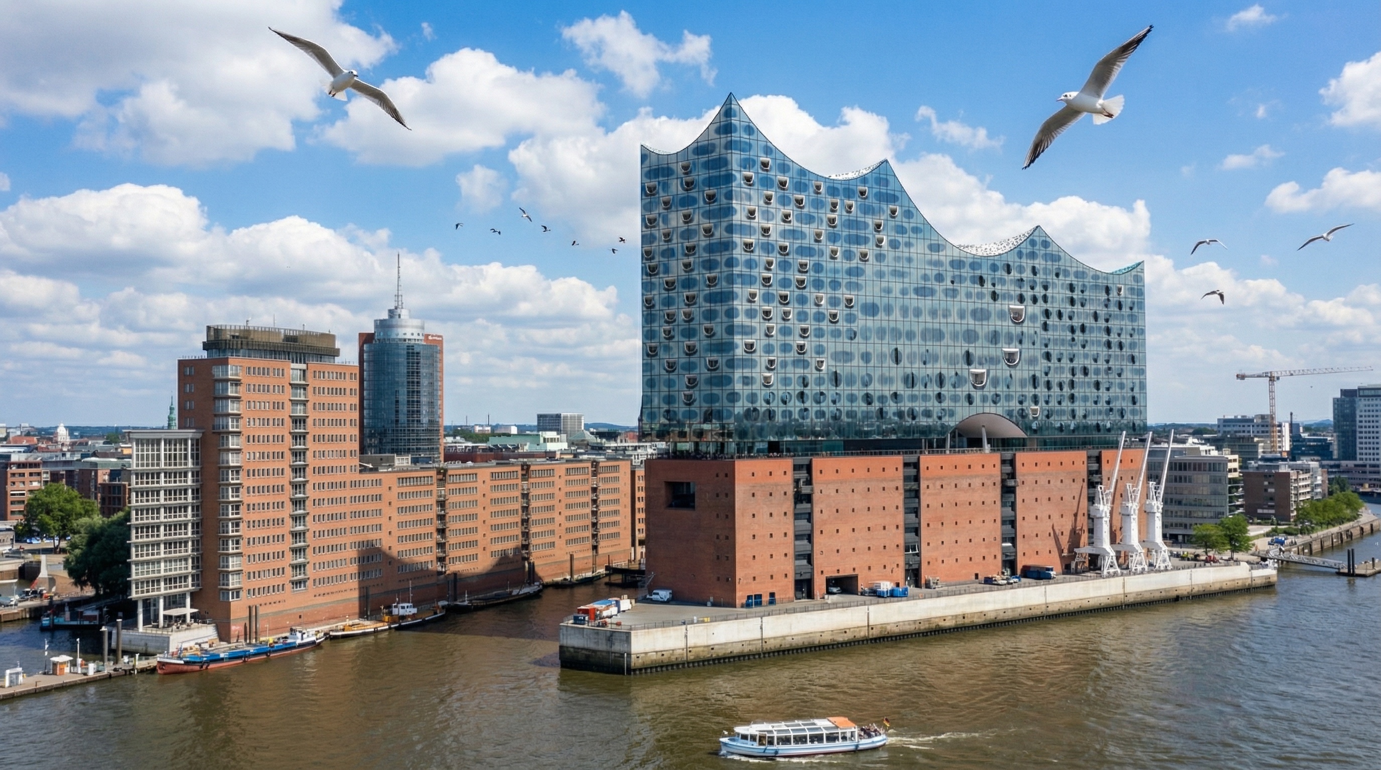Die Elbphilharmonie in Hamburg mit wellenförmigem Glasdach auf rotem Backsteinsockel am Wasser, mehrere Möwen fliegen im blauen Himmel.