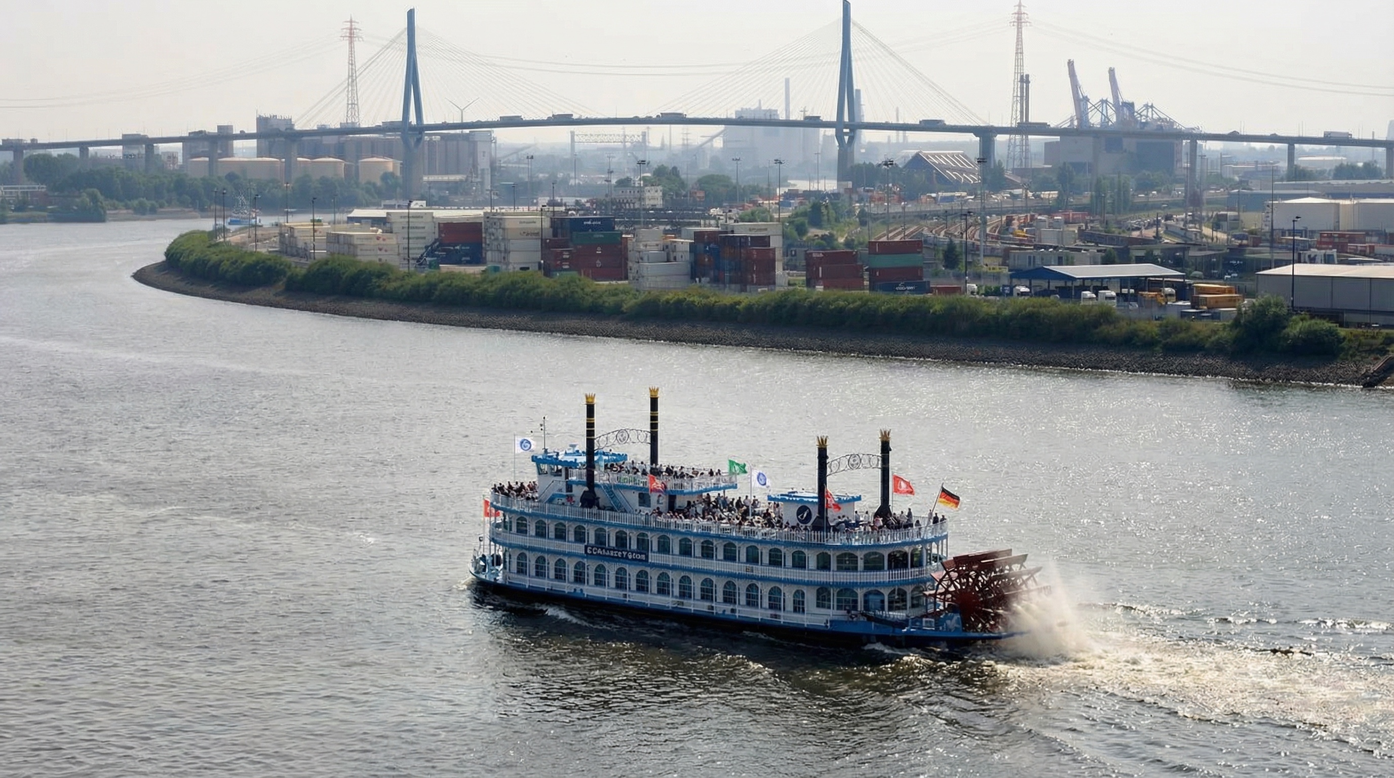 Dampfschiff mit mehreren Decks und rotierendem Schaufelrad fährt auf dem Wasser vor der Köhlbrandbrücke im Hintergrund Hafenanlagen und eine große Hängebrücke in Waltershof, Hamburg.