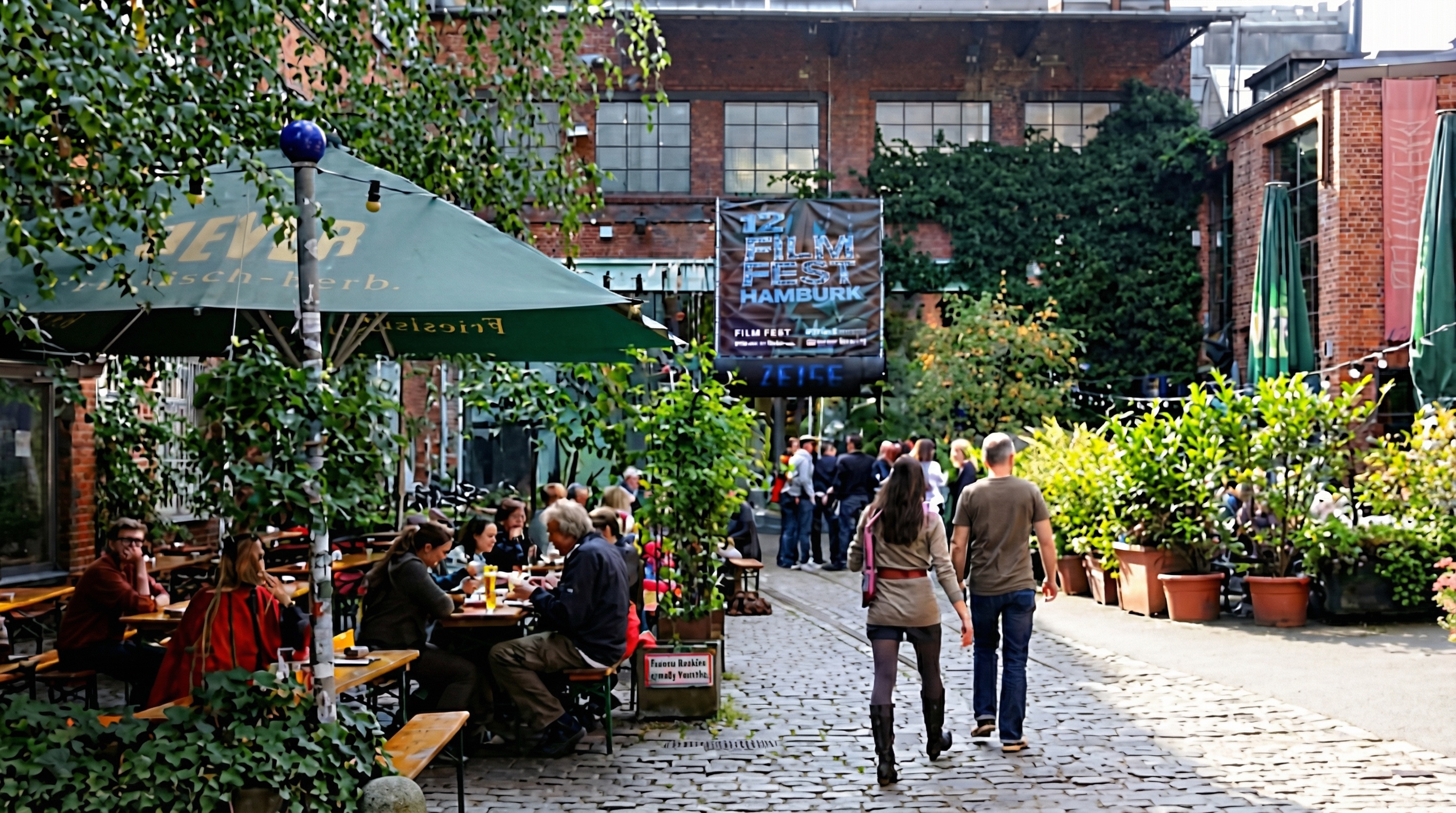 Menschen sitzen an Tischen unter grünem Sonnenschirm in dem Innenhof des Zeise Kinos, Ottensen, Hamburg mit Kopfsteinpflaster und Backsteingebäuden, im Hintergrund Banner mit Schriftzug 'FILM HAMBURG'.