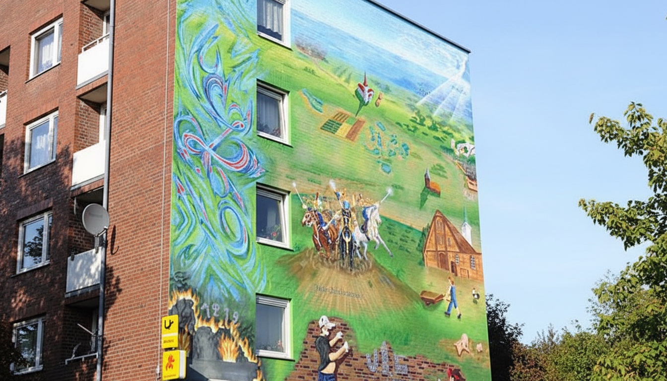 Fassadenwand mit großflächigem bunten Wandbild, das ländliche Szenen mit Menschen, Tieren und Feldern zeigt, an einem mehrstöckigen Backsteingebäude in Jenfeld, Hamburg.