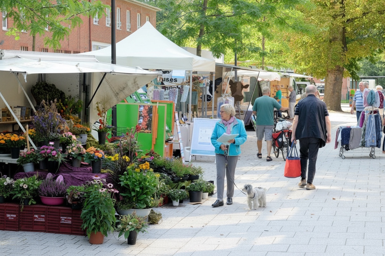 Marktstand mit verschiedenen Pflanzen und Blumen, mehrere Personen schlendern auf gepflastertem Weg, eine Person hält einen kleinen Hund an der Leine in Volksdorf, Hamburg.