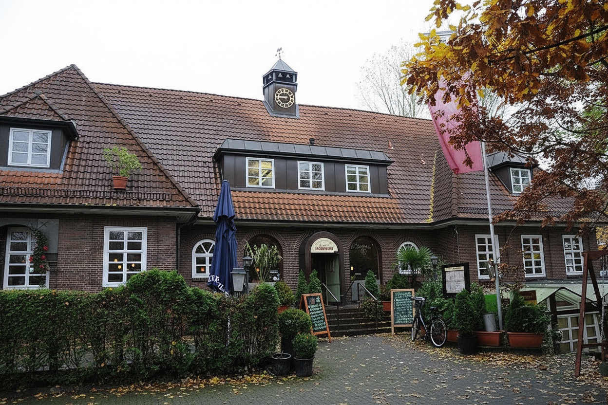 Zweistöckiges Backsteingebäude mit Uhrenturm, mehreren Fenstern, Eingang mit Bogen, Außenschirmen und Pflanzen im Herbst in Sasel, Hamburg.