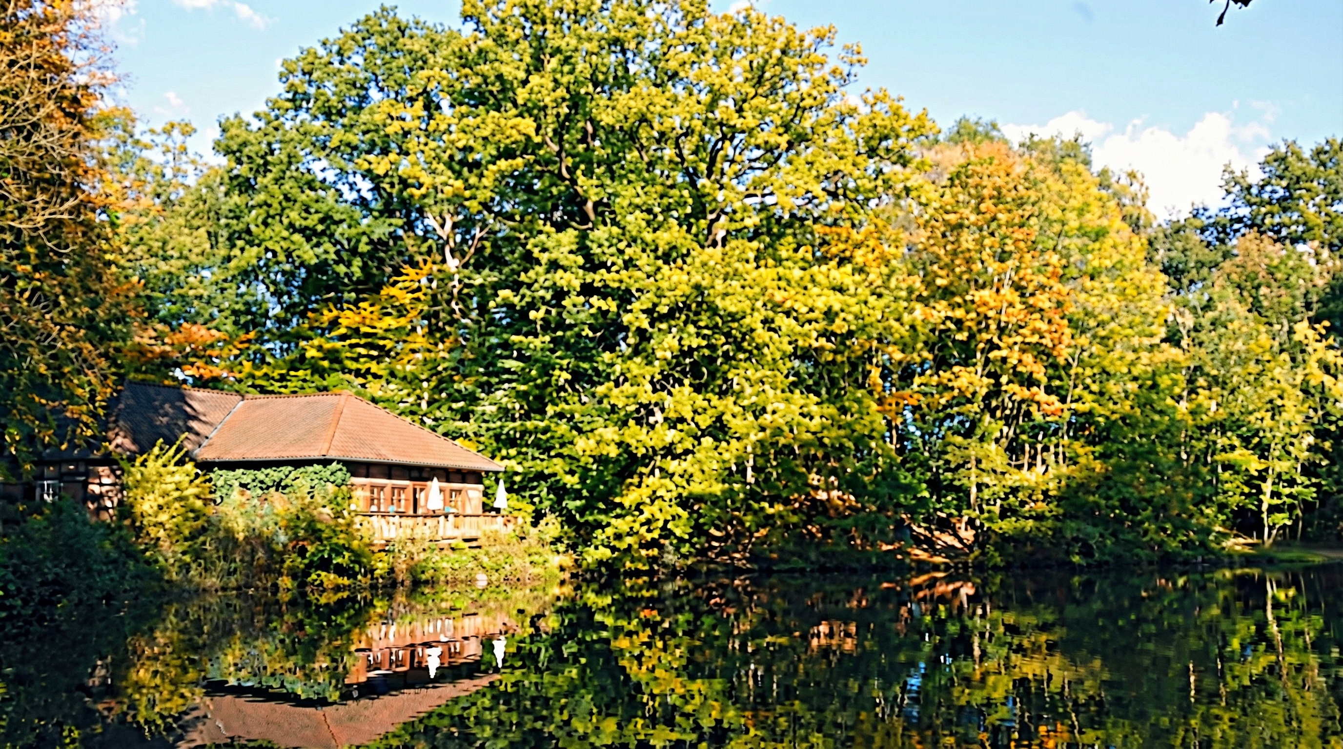 Holzhaus mit braunem Dach am Ufer eines ruhigen Sees, umgeben von grünen und herbstlich gefärbten Bäumen unter blauem Himmel in Bergstedt, Hamburg.