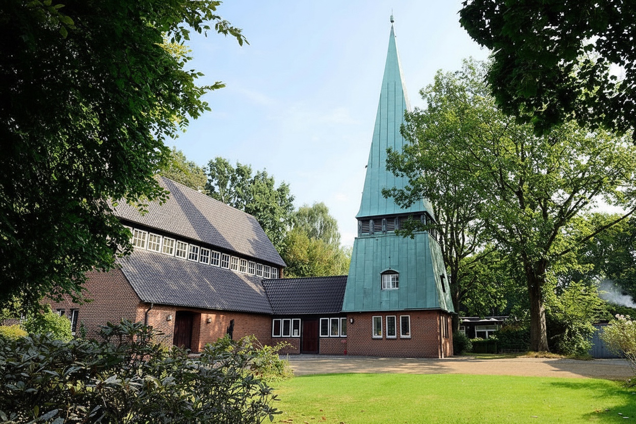 Kirche mit grünem, spitzem Turm und rotem Backsteingebäude, umgeben von Bäumen und Rasenfläche in Hummelsbüttel, Hamburg.