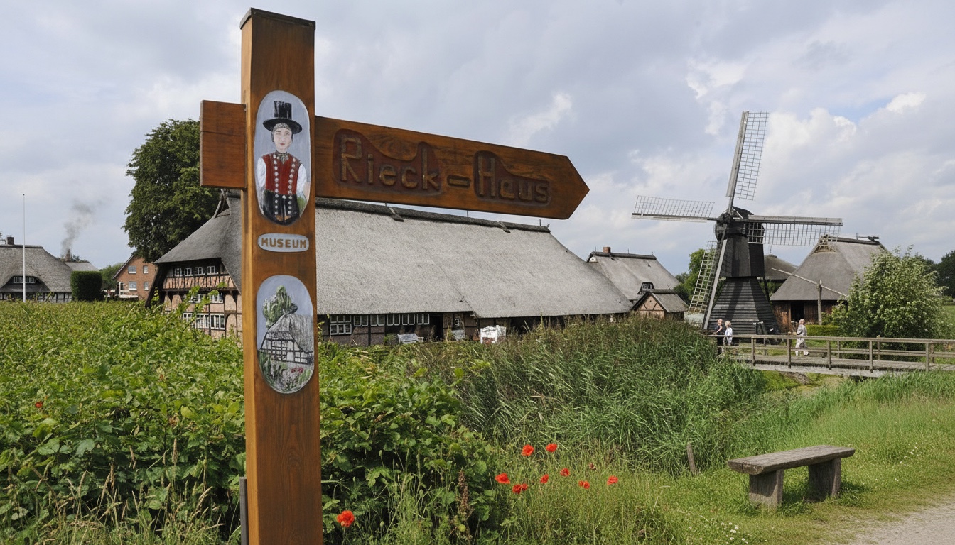 Holzwegweiser mit der Aufschrift 'Rieck-Haus' vor einem reetgedeckten Fachwerkhaus und einer Windmühle im Hintergrund, daneben eine Bank und rote Blumen in Curslack, Hamburg.