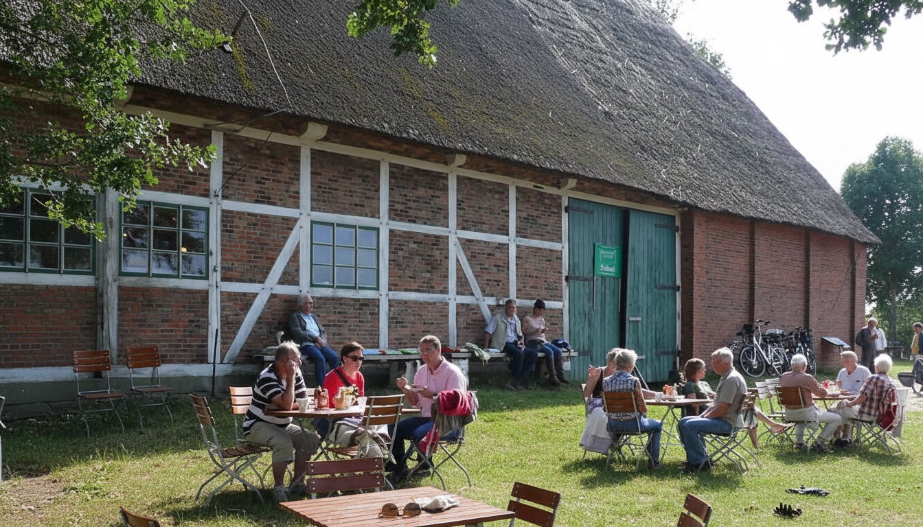 Mehrere Personen sitzen an Tischen auf einer Wiese vor einem Fachwerkhaus mit Reetdach und grüner Tür, einige Fahrräder lehnen an der Hauswand in Kirchwerder, Hamburg.