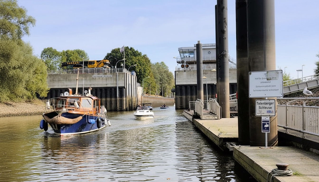 Mehrere Freizeitboote fahren aus der Tatenberger Schleuse in einen Kanal. Rechts im Bild befindet sich ein Steg mit Schildern. Im Hintergrund sind die Schleusentore, ein modernes Schleusenhaus sowie Bäume und ein gelber Kran zu sehen in Tatenberg, Hamburg.