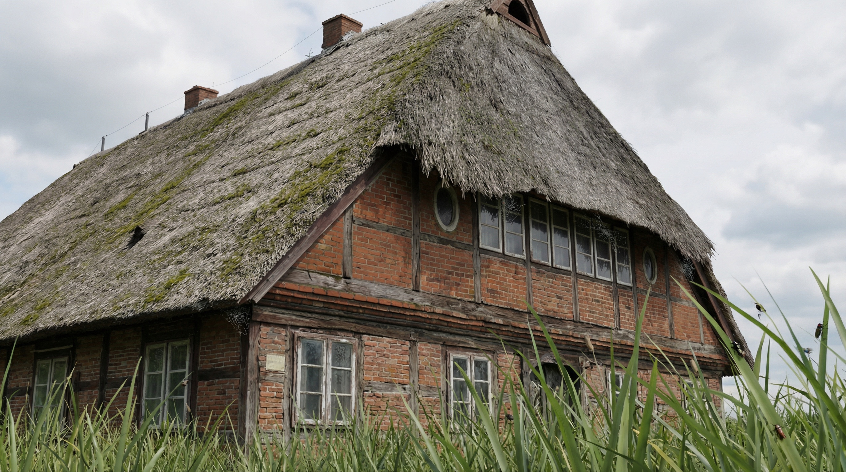 Altes Fachwerkhaus mit Backsteinfassade und grossem, teilweise mit Moos bedecktem Reetdach, das sichtbare Schäden aufweist. Das Gebäude wirkt verlassen und steht hinter hohem Gras. Der Himmel ist bewölkt und trägt zur leicht düsteren Stimmung bei in Allermöhe, Hamburg.