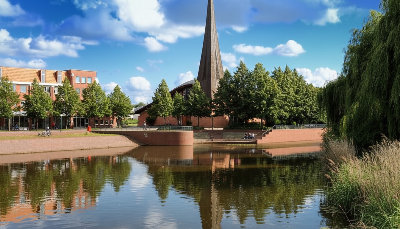 Städtische Szenerie mit einem modernen Backsteingebäude und einer Kirche mit auffällig spitzem Turm im Hintergrund, umgeben von Bäumen. Im Vordergrund befindet sich ein ruhiger Wasserkanal mit Uferpromenade, Sitzstufen und grüner Bepflanzung. Die Gebäude und Bäume spiegeln sich im Wasser, der Himmel ist teils bewölkt in Neuallermöhe, Hamburg.