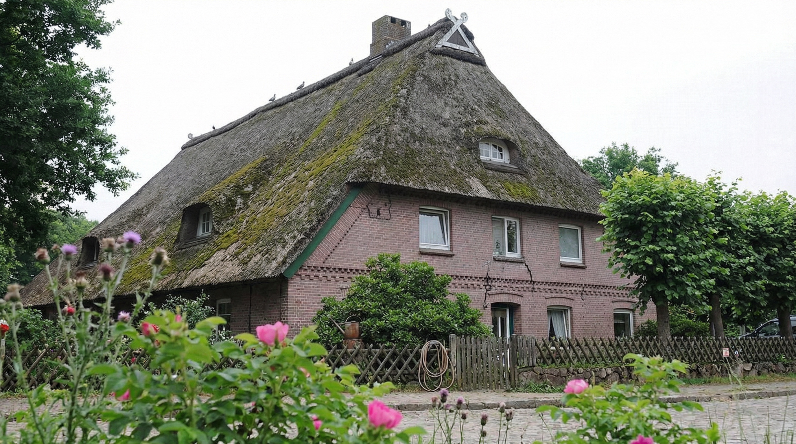Grosses Backsteinhaus mit moosbedecktem Reetdach in ländlicher Umgebung. Vor dem Haus befinden sich ein Holzzaun, blühende Blumen und gepflegte Büsche. Rechts stehen mehrere geschnittene Bäume, links ragt ein grosser Baum ins Bild. Der Himmel ist bewölkt in Marmstorf, Hamburg.