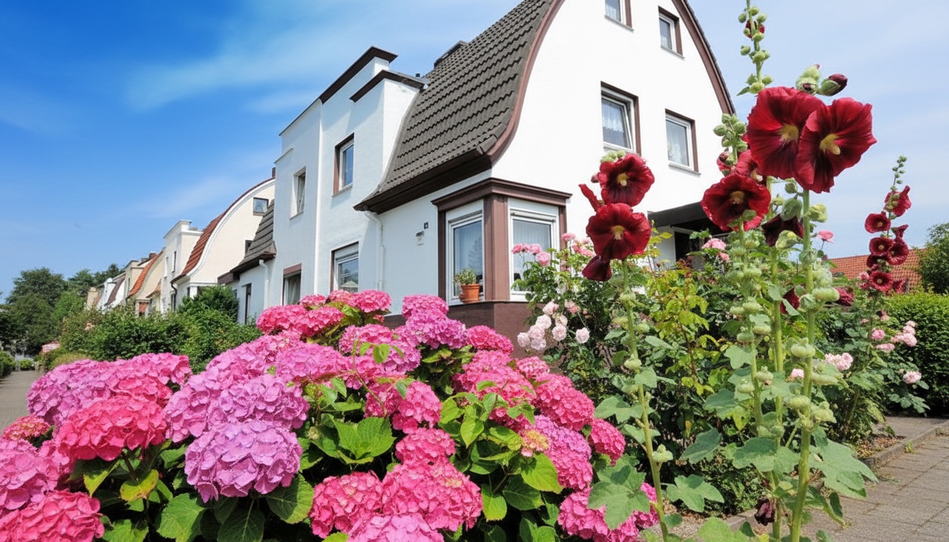 Reihe weisser Einfamilienhäuser mit markanten, gebogenen Dächern entlang eines Gehwegs. Im Vordergrund blühen üppige pinke Hortensien und dunkelrote Stockrosen in gepflegten Vorgärten. Der Himmel ist klar und blau, was die sommerliche Atmosphäre in Wilstorf, Hamburg, unterstreicht.