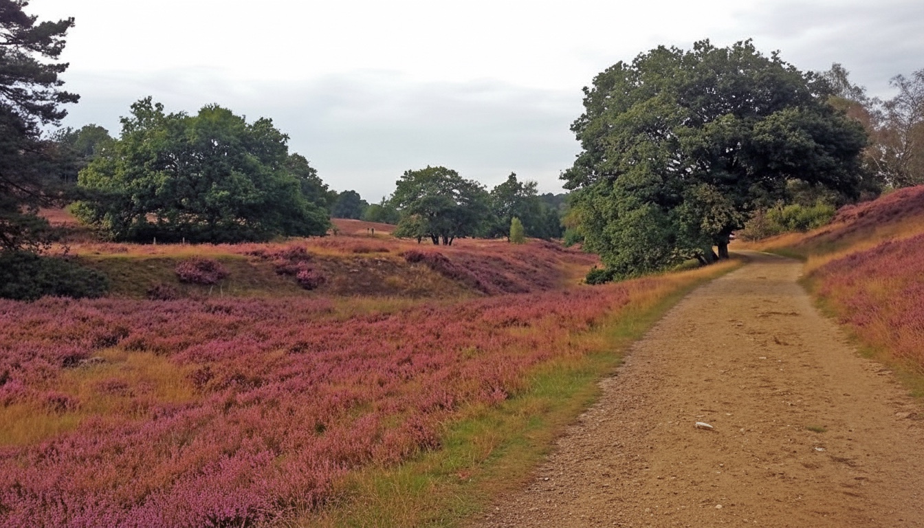 Breiter Sandweg führt durch eine weite Heidelandschaft mit blühender violetter Heide und einzelnen grossen Bäumen. Die hügelige Landschaft wirkt ruhig und natürlich, der Himmel ist leicht bewölkt in Hausbruch, Hamburg.