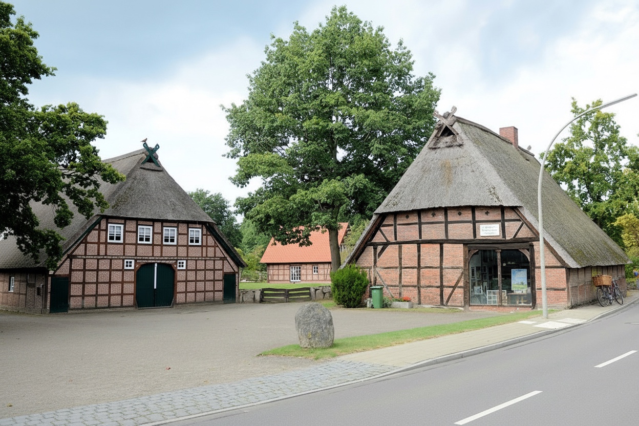 Zwei grosse Fachwerkhäuser mit Reetdächern an einer Strasse, eines davon dient als Ausstellungs- oder Informationsgebäude mit grossen Fenstern und Schautafeln. Dazwischen stehen Bäume, ein weiterer roter Ziegelbau ist im Hintergrund sichtbar. Vor dem rechten Gebäude lehnt ein Fahrrad an der Wand, der Himmel ist leicht bewölkt in Neugraben-Fischbek, Hamburg.