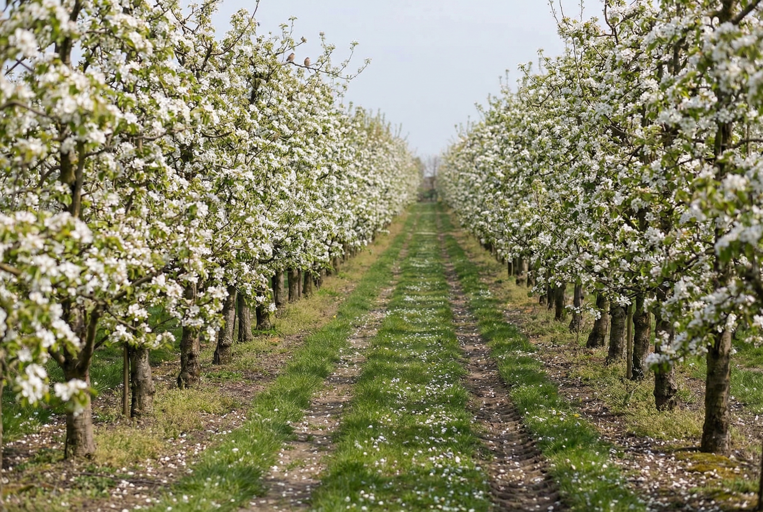 Reihenweise blühende Obstbäume in einer Plantage mit weissem Blütenflor, der sich bis zum Horizont erstreckt. Zwischen den Baumreihen verläuft ein grasbewachsener Feldweg mit Reifenspuren, auf dem zahlreiche Blütenblätter liegen. Die Szene wirkt ruhig und frühlingshaft in Francop, Hamburg.