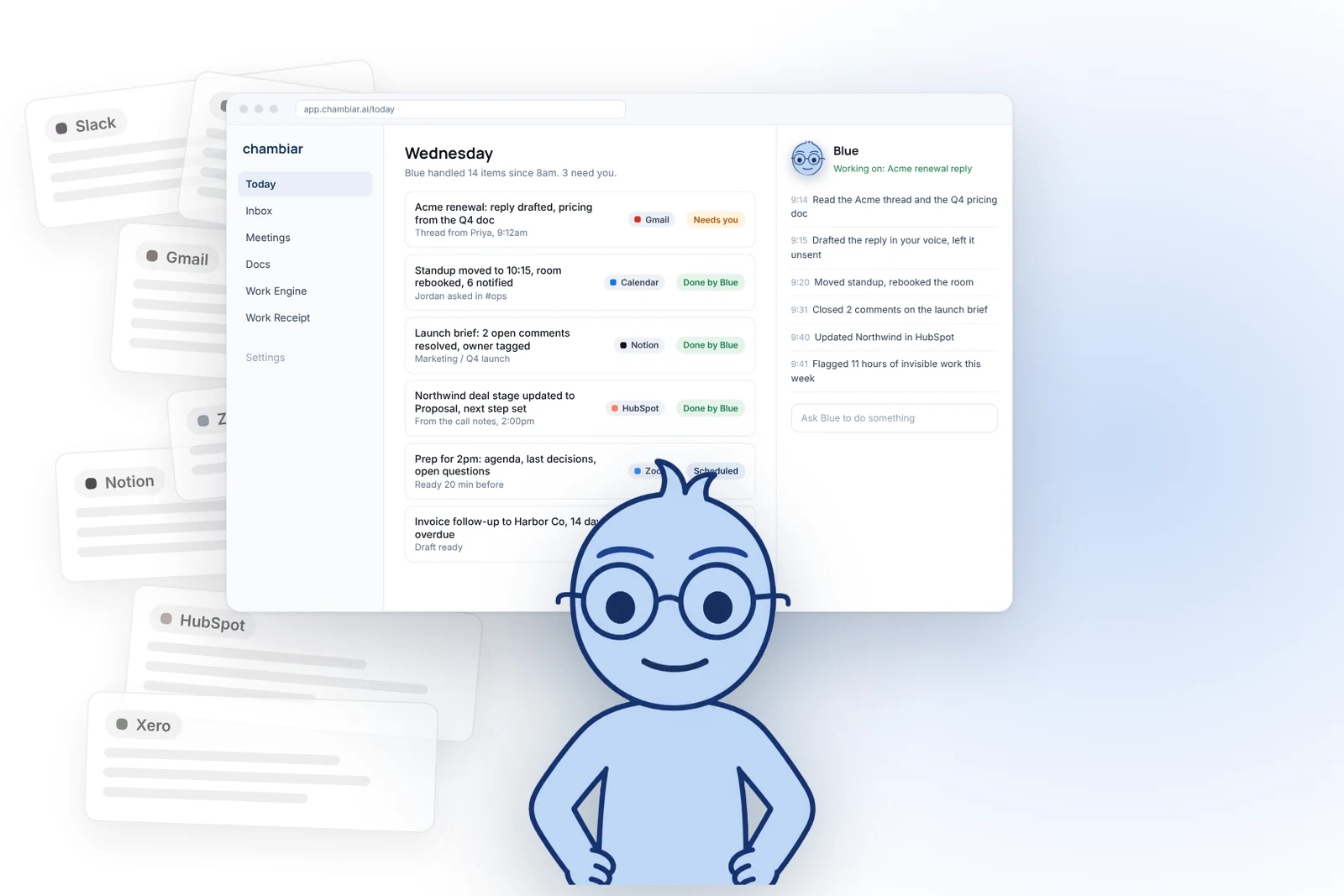 Blue, the Chambiar AI coworker, standing in front of the Chambiar Today view with a pile of scattered tool windows behind it: Slack, Gmail, Notion, HubSpot, Calendar, Zoom and Xero