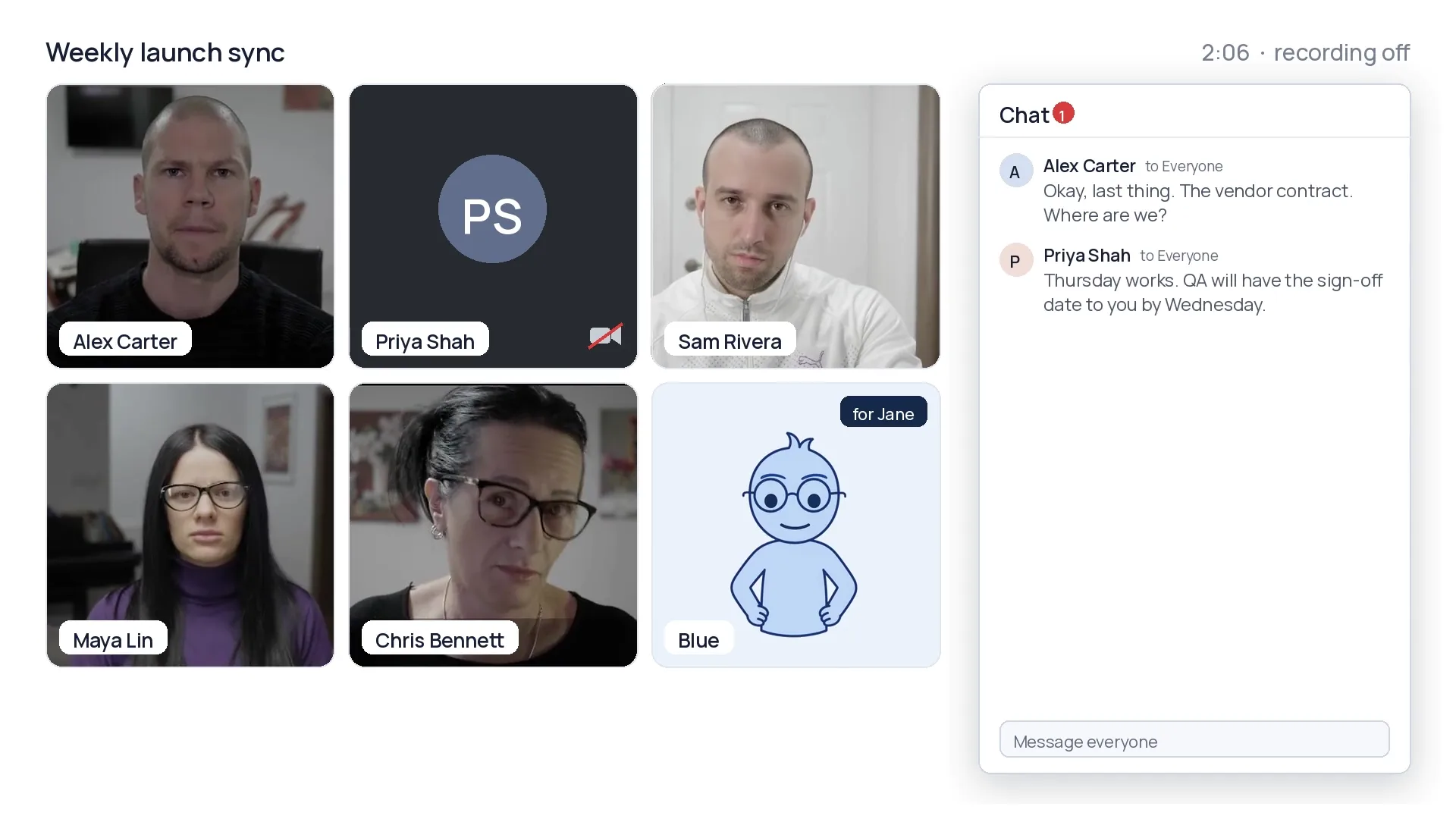 Blue in the weekly launch sync for Jane, alongside five teammates and the call chat.