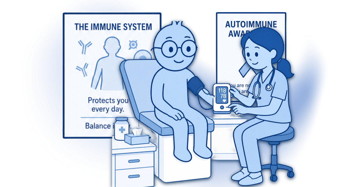 Blue Chambiar character having blood pressure taken in a doctor’s office with autoimmune awareness posters