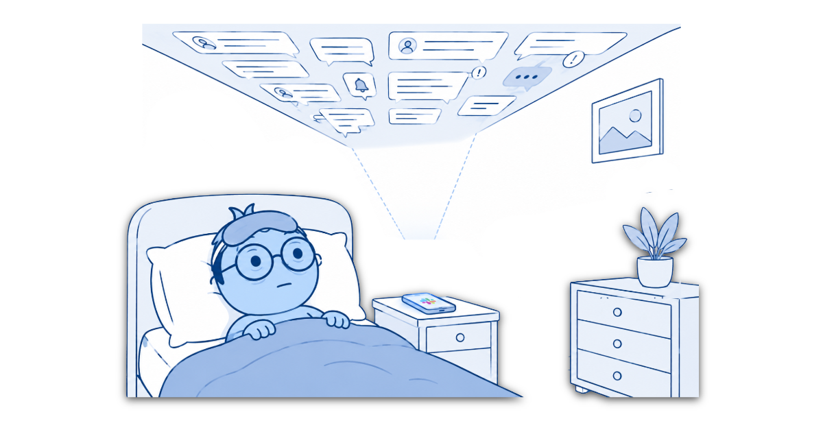 Blue, Chambiar's AI coworker, lying awake in bed at night with a cloud of work messages and notifications floating above the bed