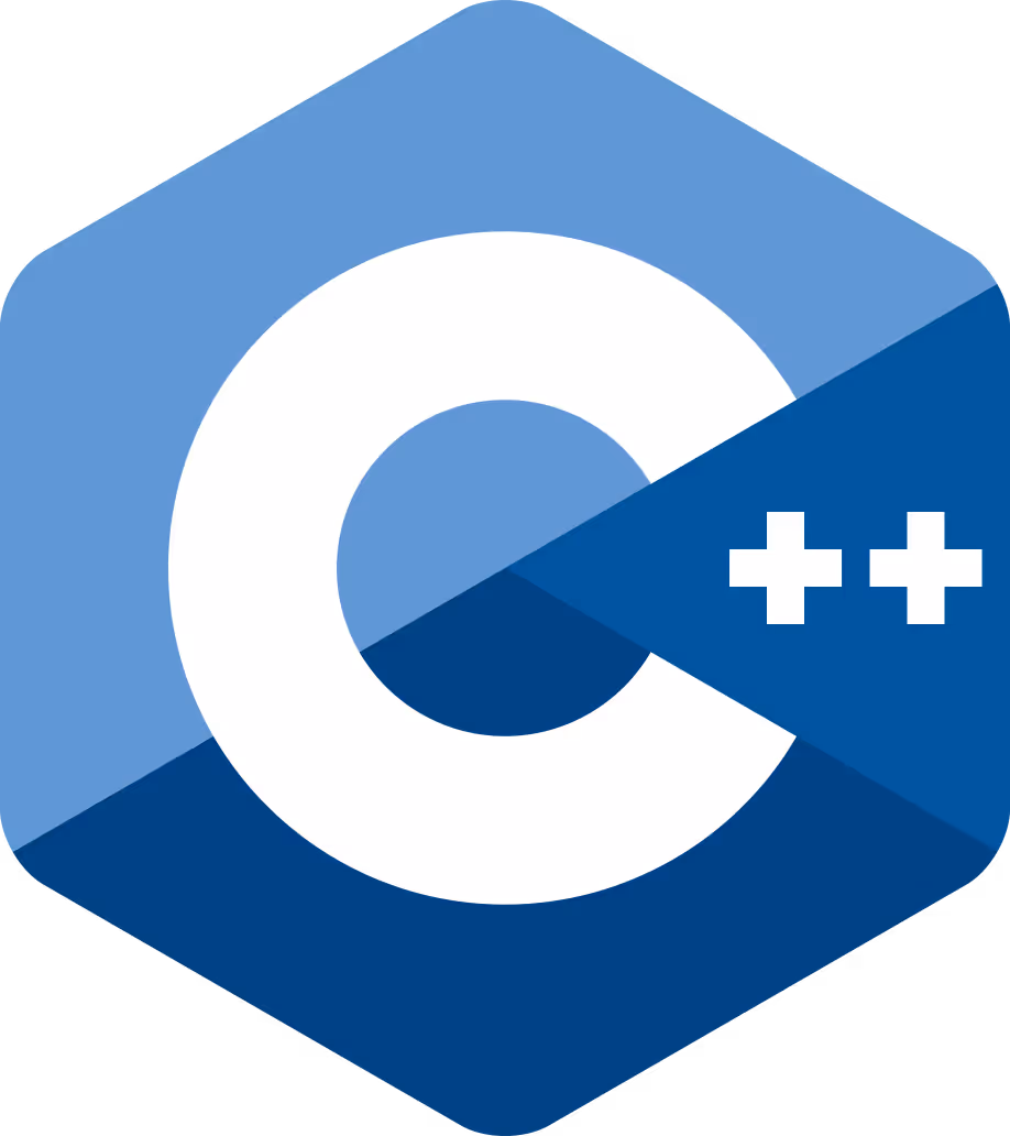 Hexagonal logo of the C++ programming language with a large white letter C and two white plus signs.