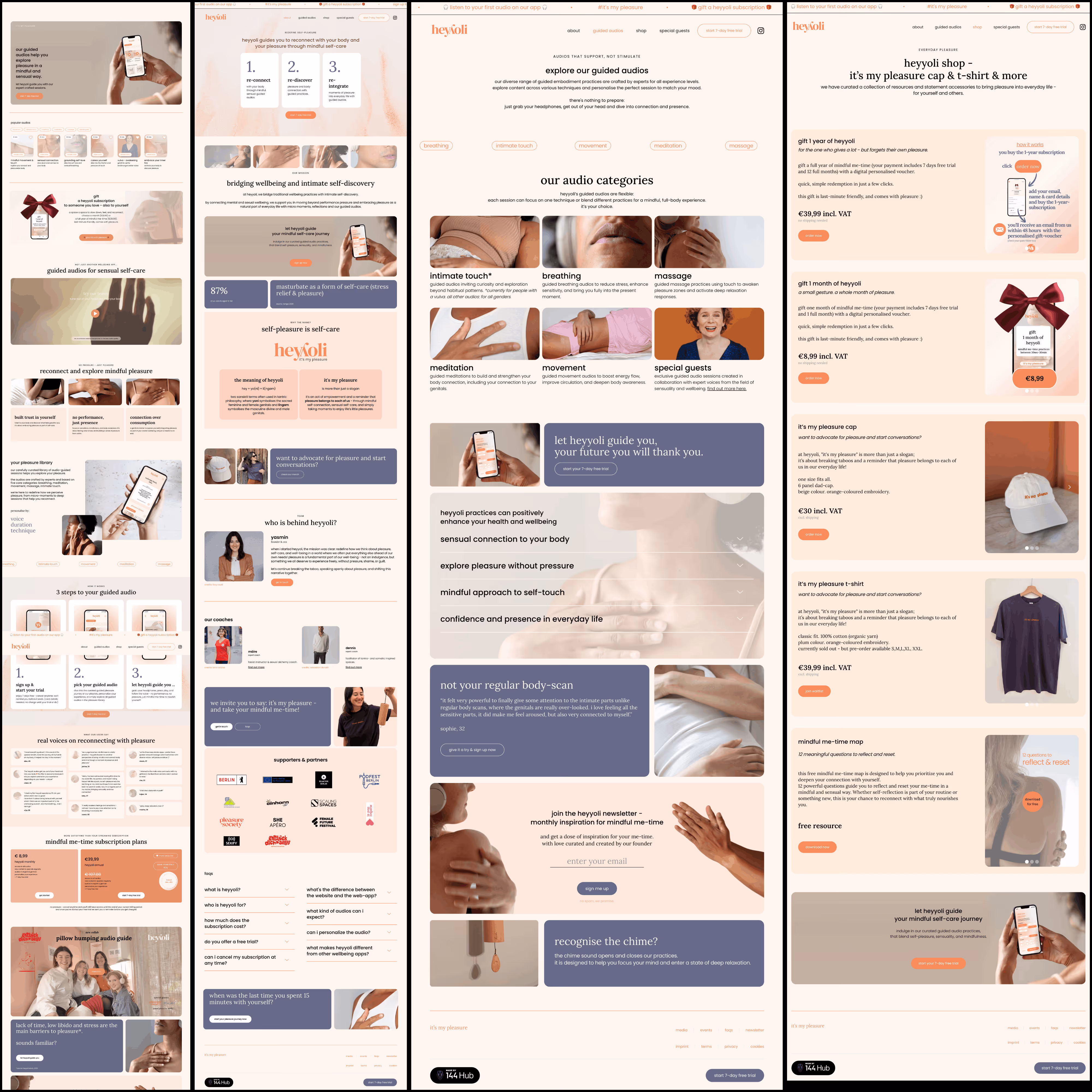 Three-panel layout of heyyoli website showing guided audios for self-care, audio categories, subscription plans, shop with pleasure-themed products, and mindfulness resources.