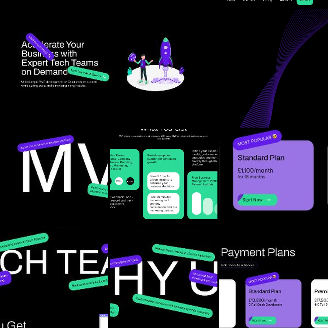 Website screenshot showing 144 hub tech service landing page with text 'Accelerate Your Business with Expert Tech Teams on Demand', an illustration of a person launching a purple rocket, and a payment plans section highlighting a Standard Plan at £1,100/month labeled most popular.