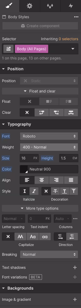 Body (All page) selector with typography settings