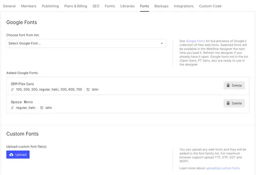 Font setting tab in project settings