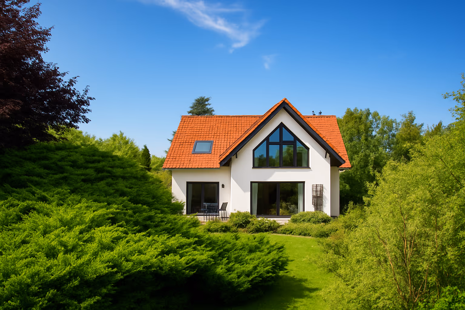 Einfamilienhaus mit parkähnlicher Gartenanlage  - Blick vom Garten auf die Südterrasse