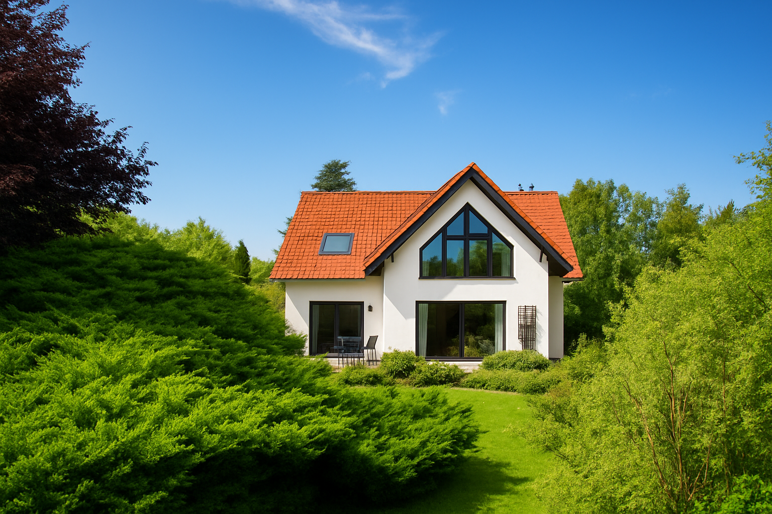 Einfamilienhaus mit parkähnlicher Gartenanlage - Blick vom Garten auf die Südterrasse