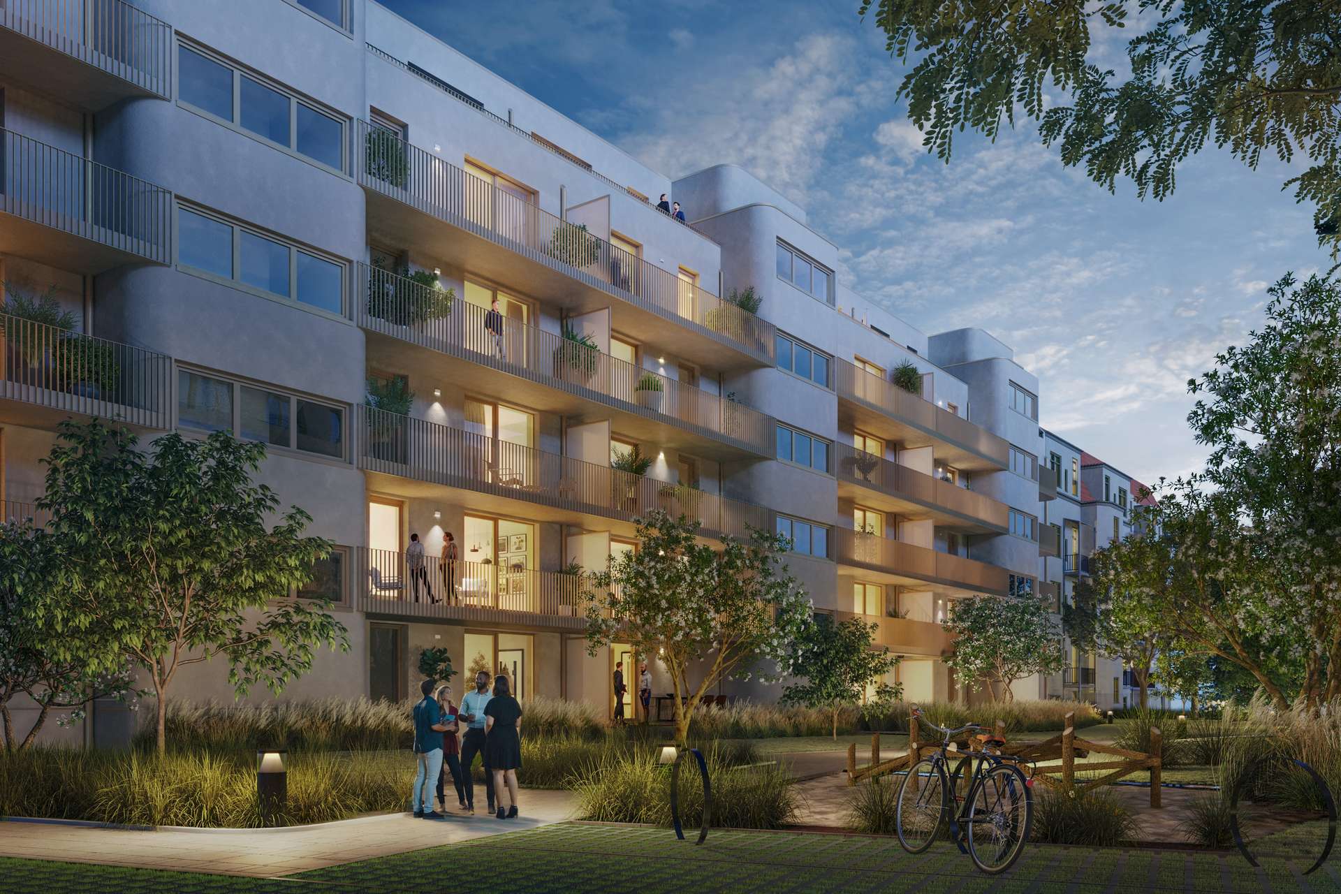 objektbild Neubau Kippenbergstraße - Visualisierung Innenhof Abendstimmung