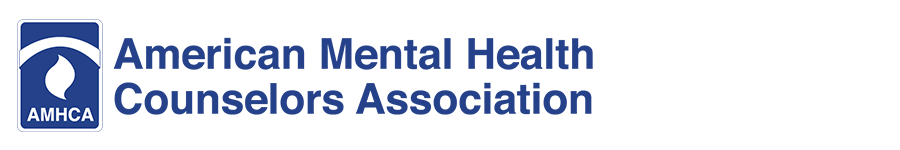 Logo of the American Mental Health Counselors Association with blue block text and symbol