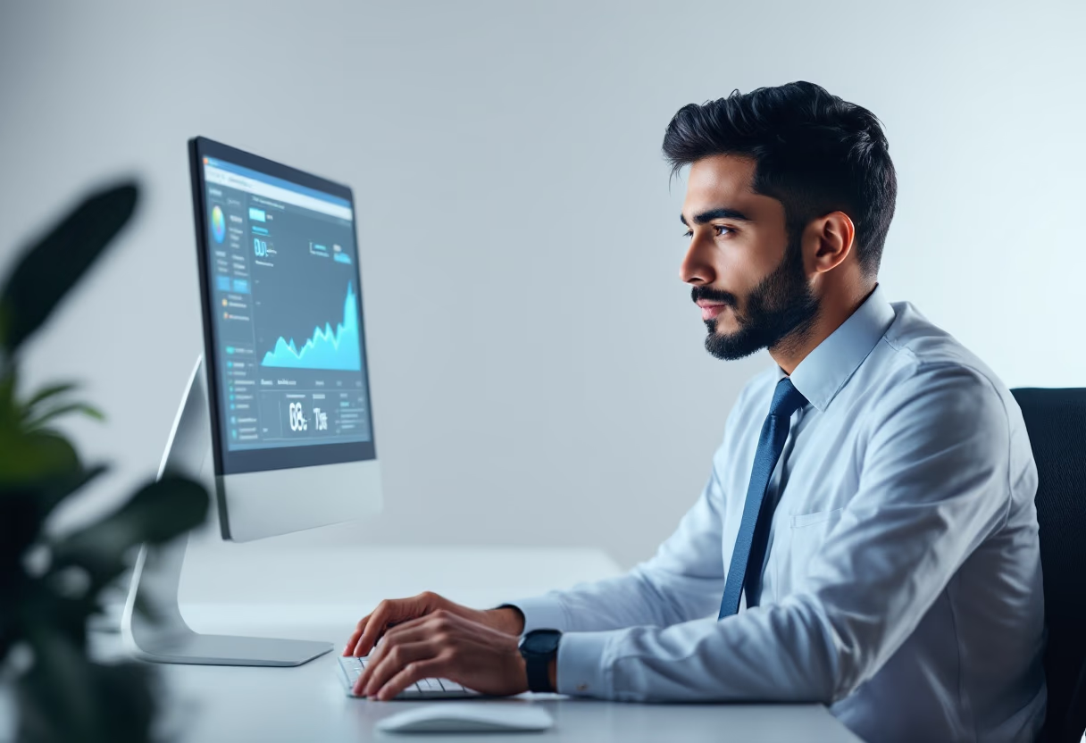 A professional working on laptop in an office.