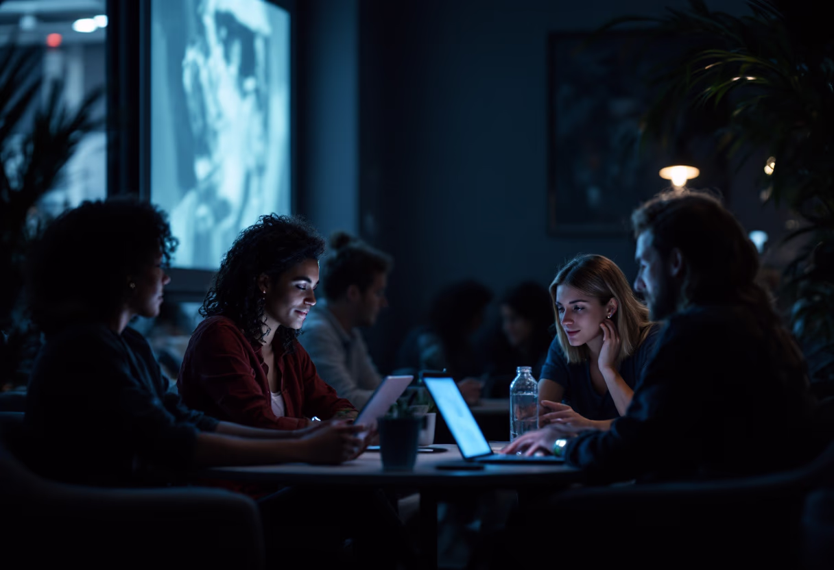 People discussing at a conference.