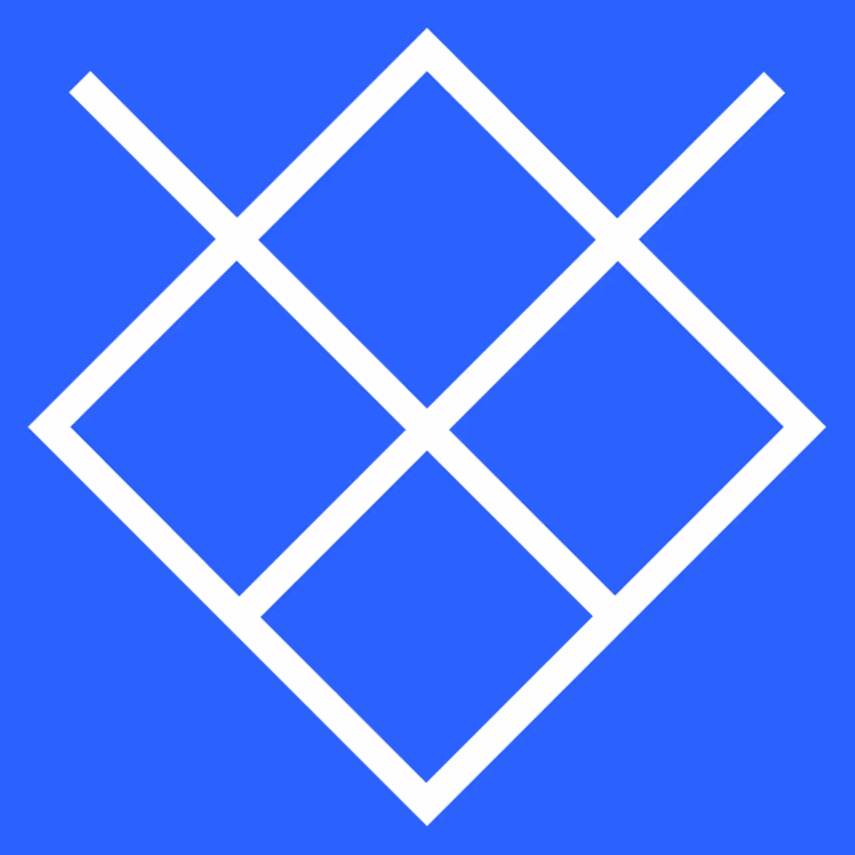 White geometric logo consisting of four connected diamond shapes on a blue background.