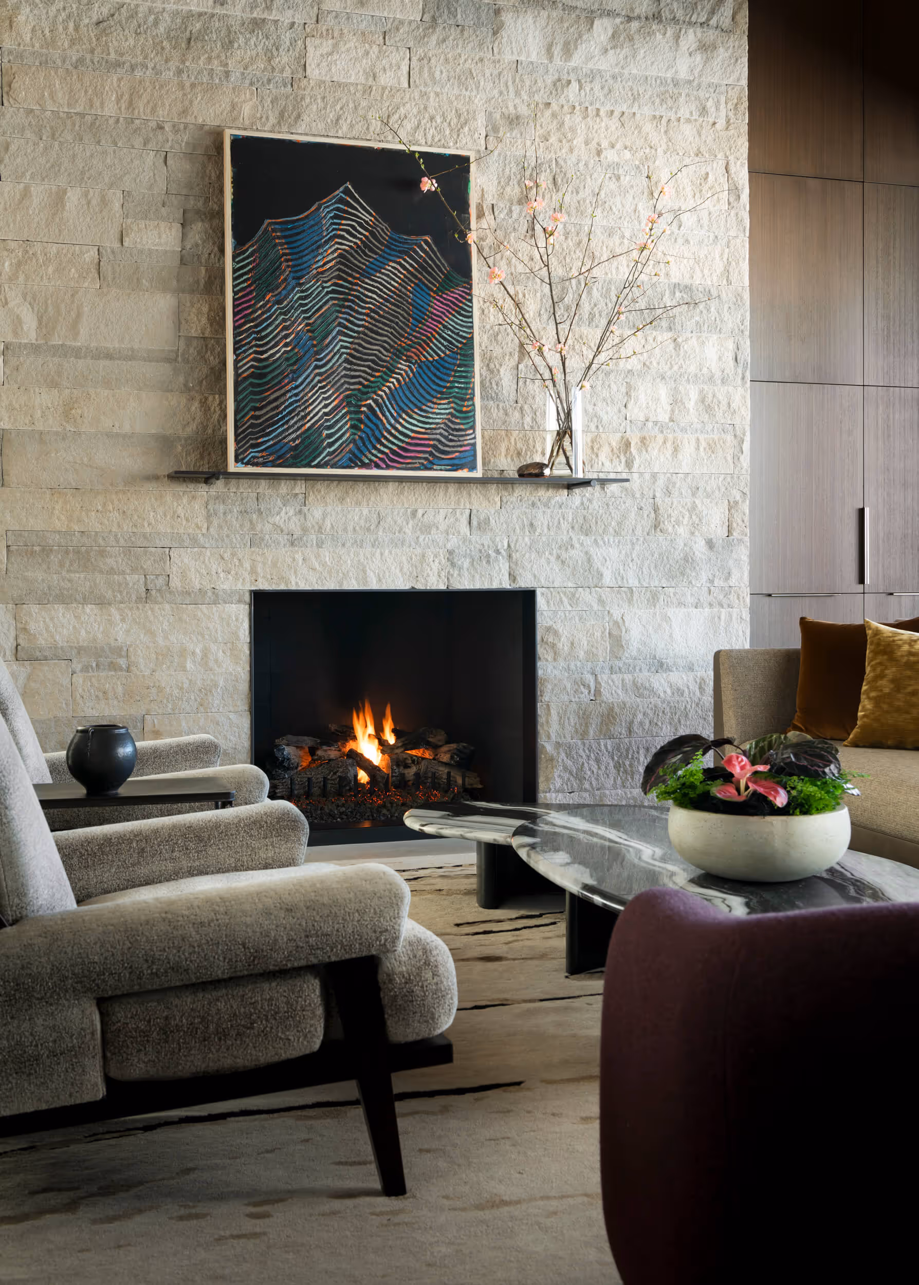 Fireplace and sitting area of Aspen Springs home, built by Elevated Builders
