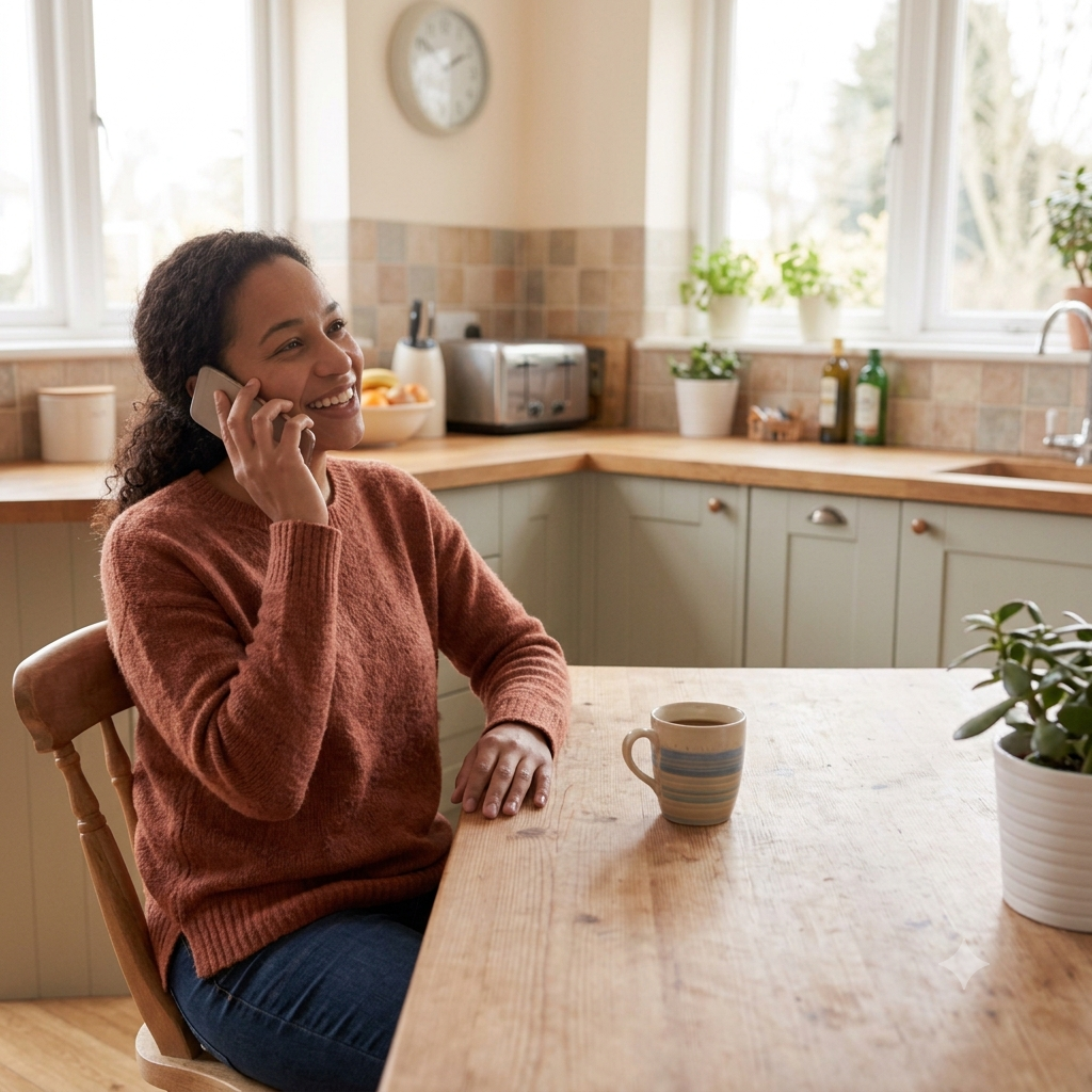 Woman sitting on the phone by the kitchen table