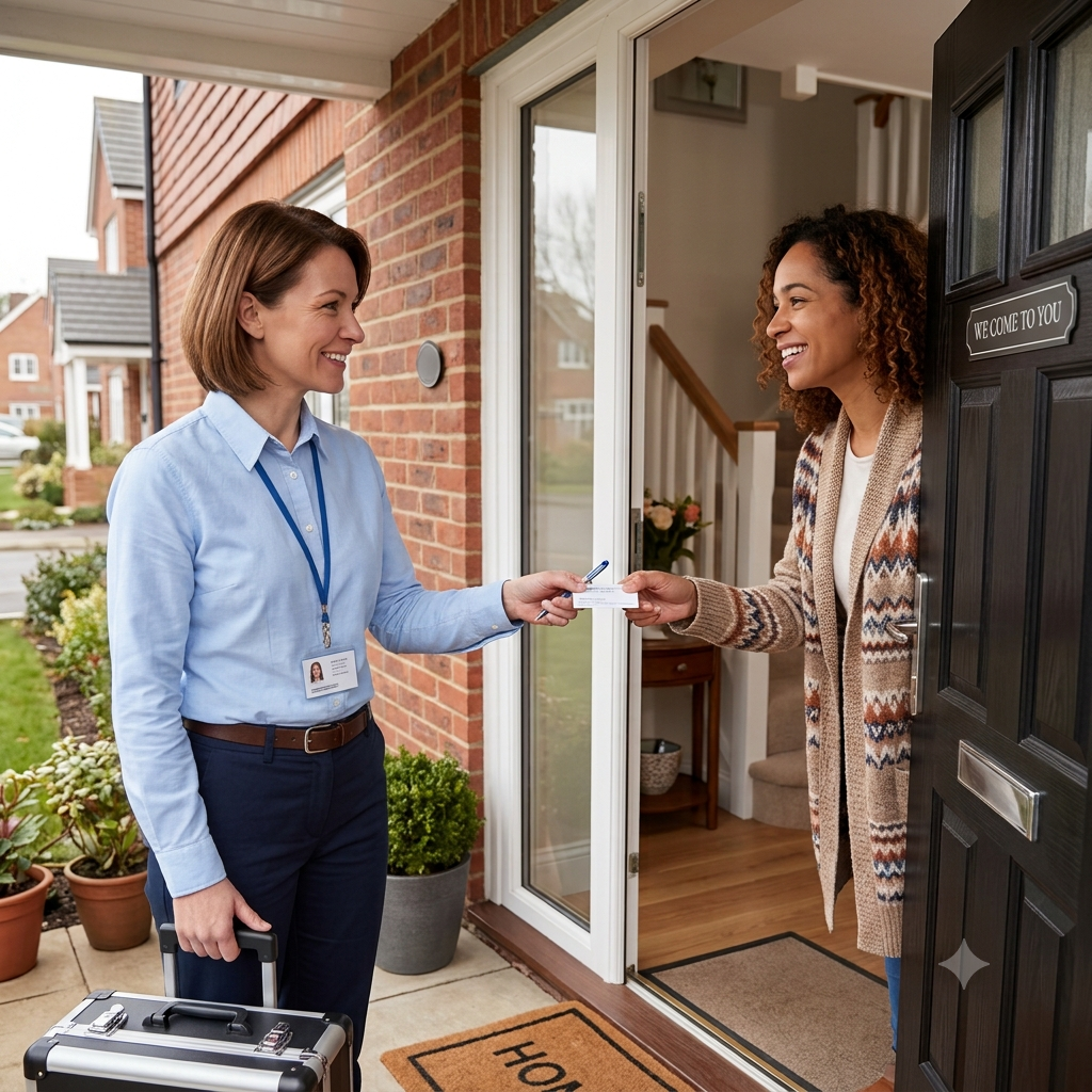 A technician arriving at a front door and being greeted by a parent. The 'we come to you' moment.