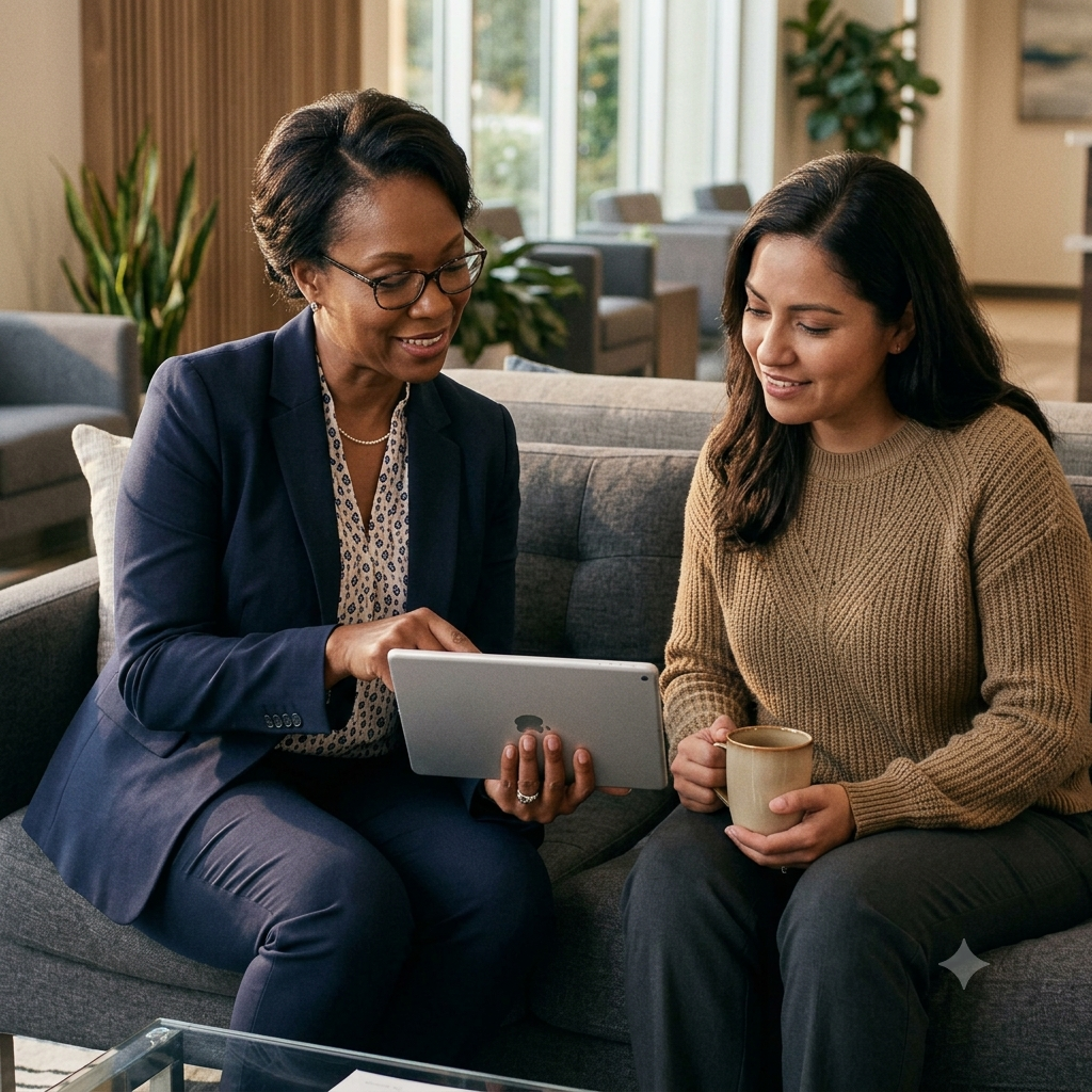 A parent and clinician on a sofa reviewing something on a tablet.